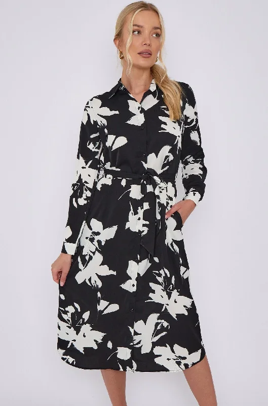 LOVE SUNSHINE Mono Floral Print Midi Shirt Dress