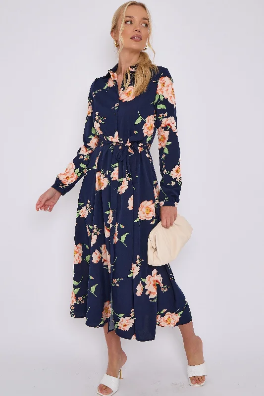 LOVE SUNSHINE Navy Floral Print Midaxi Shirt Dress