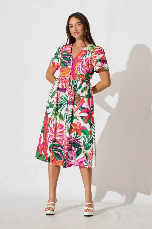 Riello Midi Smock Dress in White with Multi Tropical Cotton