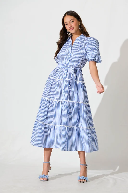 Riverina Midi Shirt Dress in Blue with White Stripe Cotton