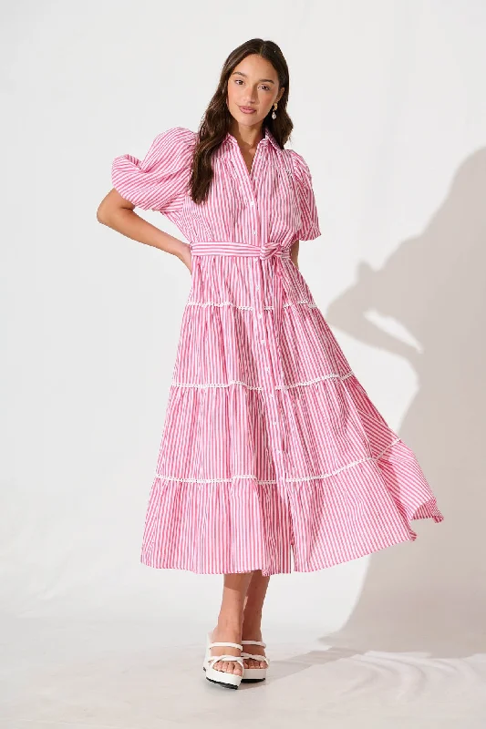 Riverina Midi Shirt Dress in Pink with White Stripe Cotton