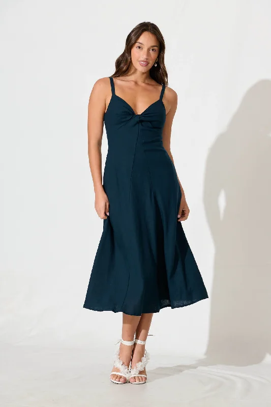 Roselani Midi Sundress in Navy Cotton Linen Blend