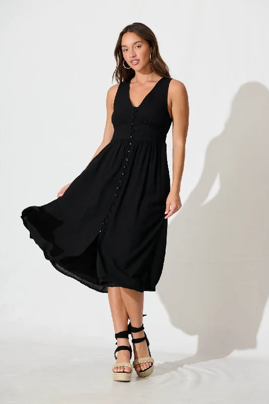 Ryland Midi Dress in Black Linen Cotton