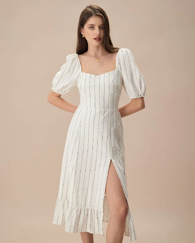 The Beige Puff Sleeve Striped Split Cotton Midi Dress