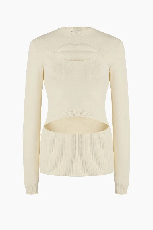 A.W.A.K.E Mode Knit Top with Front Cut Out and Lip Appliqué - Ivory