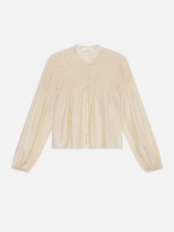 Smocked Collarless Blouse -- Champagne