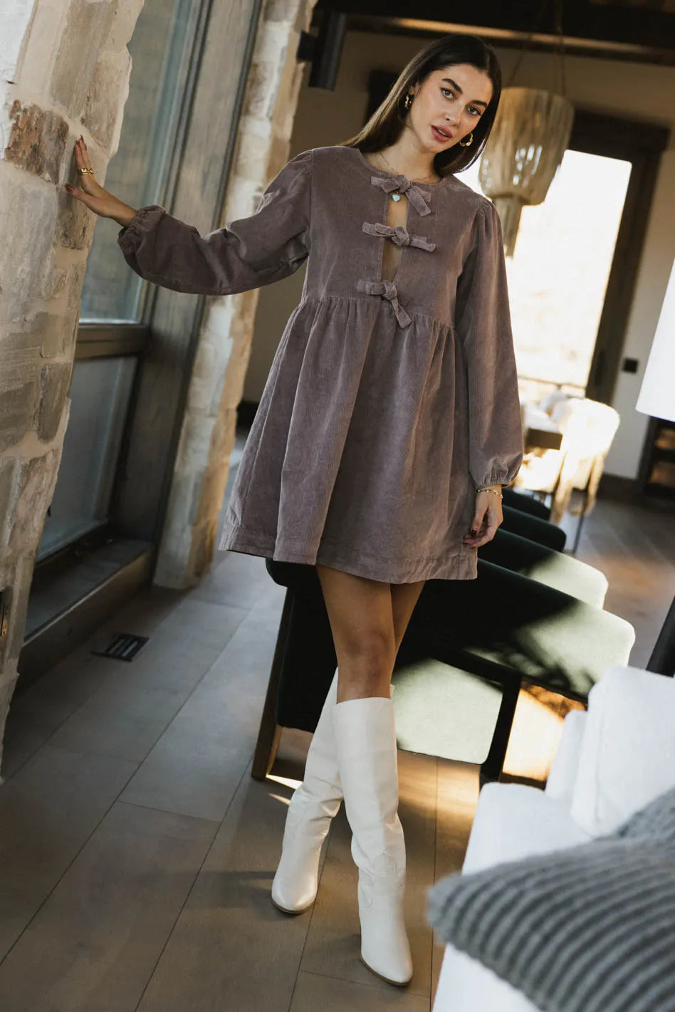 Tyler Peplum Mini Dress in Mauve Corduroy