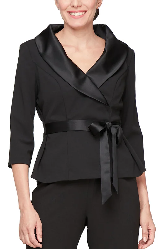 3/4 Sleeve Stretch Crepe Blouse with Satin Collar and Tie Waist Detail