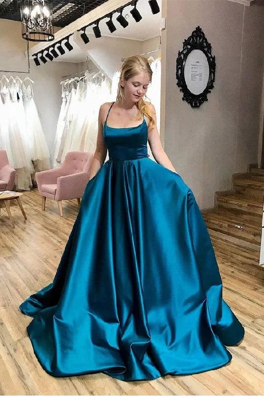 A-line Scoop Neck Simple Cross Straps Prom Dresses With Pockets PSK240