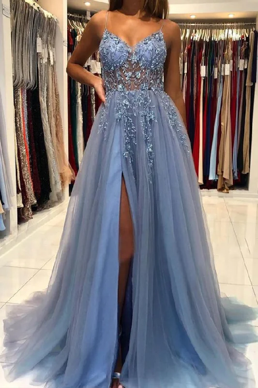 A Line V Neck Blue Tulle Long Prom Dresses Formal Dress With Beading  PSK249