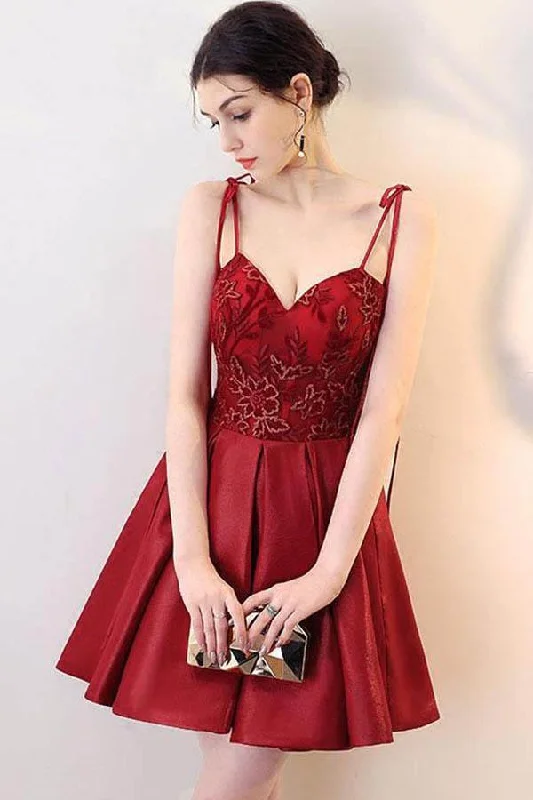 Burgundy V Neck Lace Short Prom Dress Homecoming Dress PD142