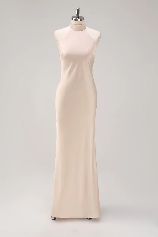 Champagne Halter Mermaid Bridesmaid Dress with Slit