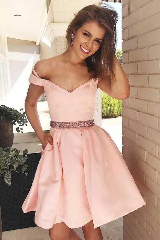 Off the Shoulder Short Pink Party Dress Homecoming Dress with Pockets  PD125