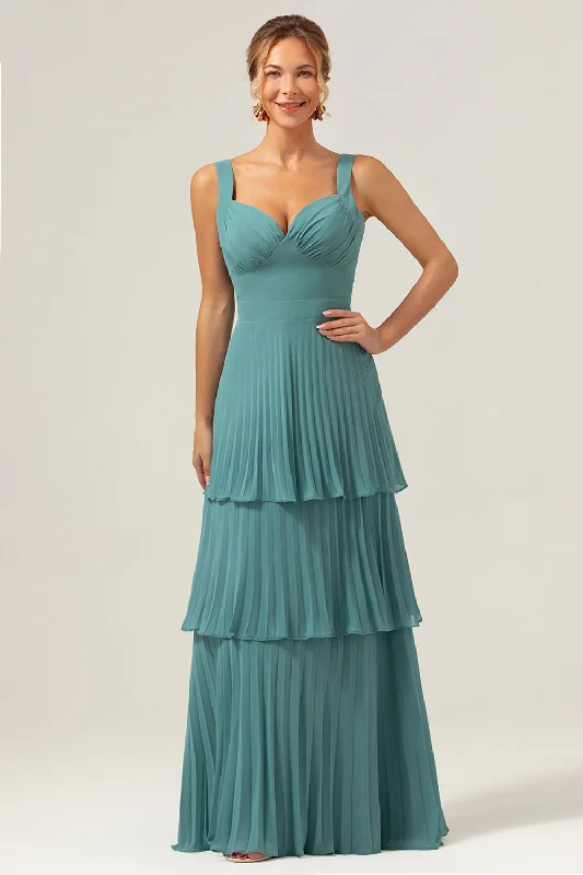 Eucalyptus A-Line Spaghetti Straps Chiffon Pleated Tiered Bridesmaid Dress