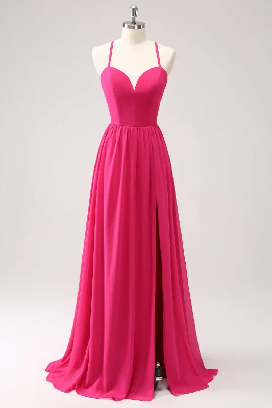 Fuchsia Spaghetti Straps Chiffon Long Bridesmaid Dress with Slit