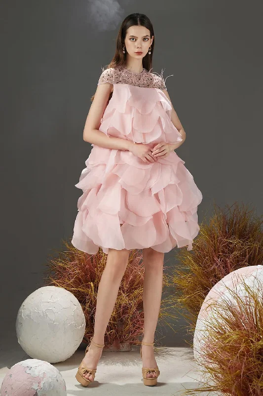 Jenny Layered Round Neck Organza Knee-length Dress