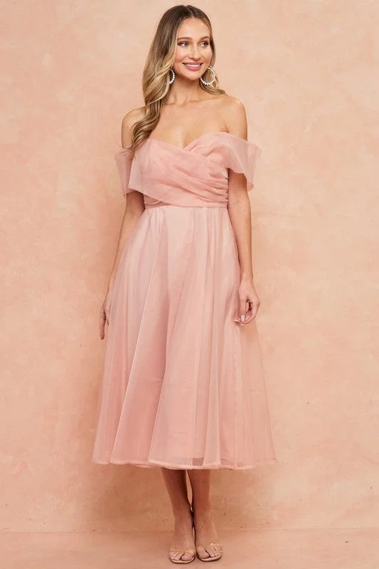 Ladies Off Shoulder Organza Midi Dress