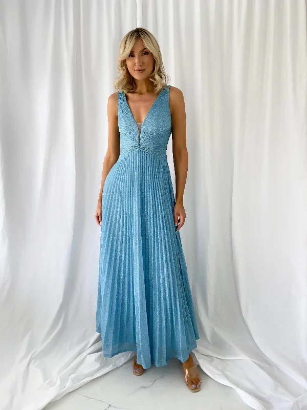 Madisson Pleated Maxi Glitter Dress - Sky Blue