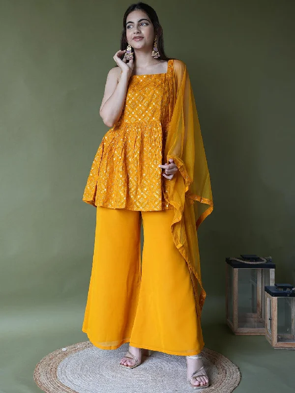 Mustard Embroidered Georgette A-Line Suit Set With Palazzos