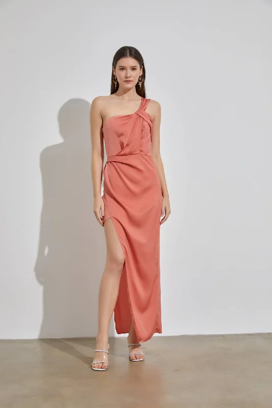 One Shoulder Slit Peach Dress