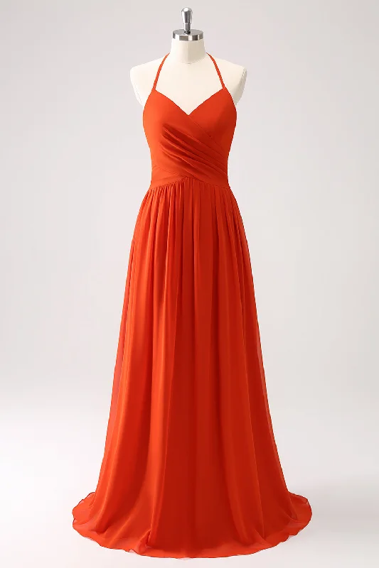 Orange A-Line Halter Ruched Long Bridesmaid Dress