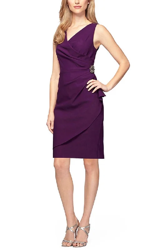 Short Side Ruched Compression Dress with Surplice Neckline, Cascade Ruffle Skirt & Beaded Detail at Hip