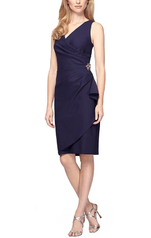 Short Side Ruched Compression Dress with Surplice Neckline, Cascade Ruffle Skirt & Beaded Detail at Hip