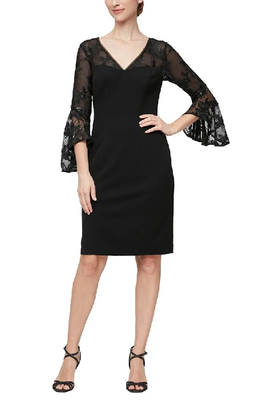 Short V-Neck Sheath Dress With Illusion Neckline and Cascade Bell Sleeves