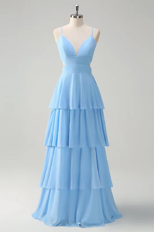 Sky Blue A-Line Spaghetti Straps Tiered Chiffon Bridesmaid Dress