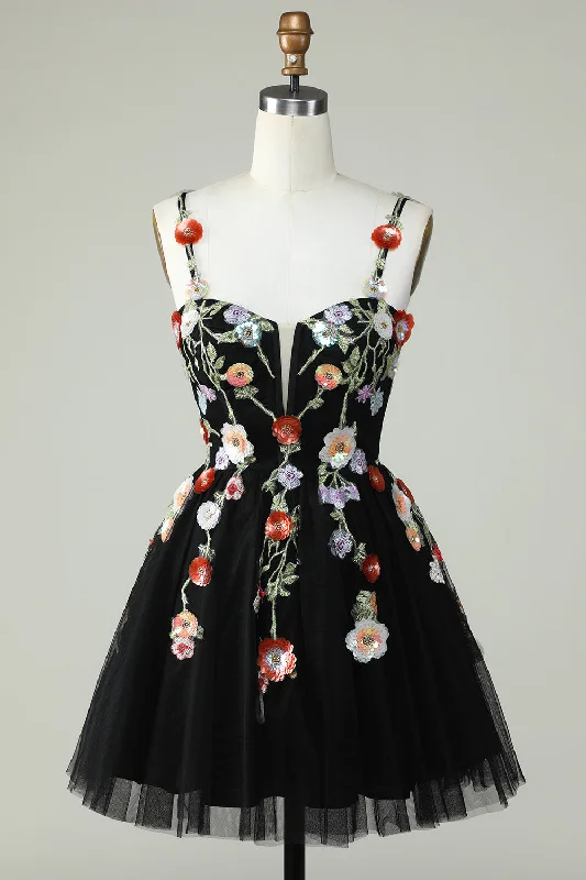 Spaghetti Straps Black A Line Sequin Flowers Short Prom Dress