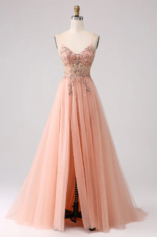 Sparkly Blush A Line Sequins Spaghetti Straps Long Prom Dress With Slit