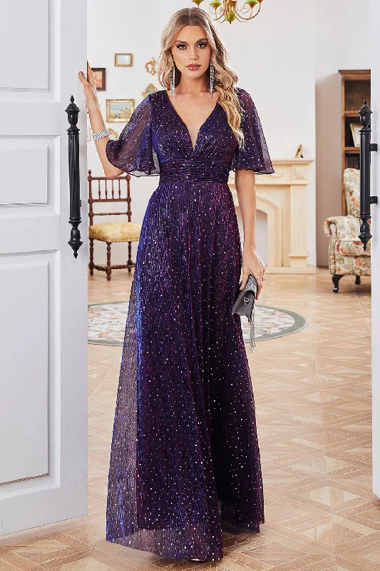 Sparkly V-Neck Purple Party Dress with Short Sleeves