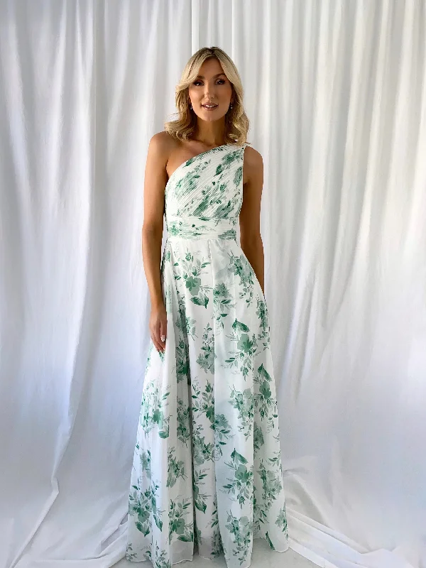 Stephanie One Shoulder Draped Top Floral Dress - Green