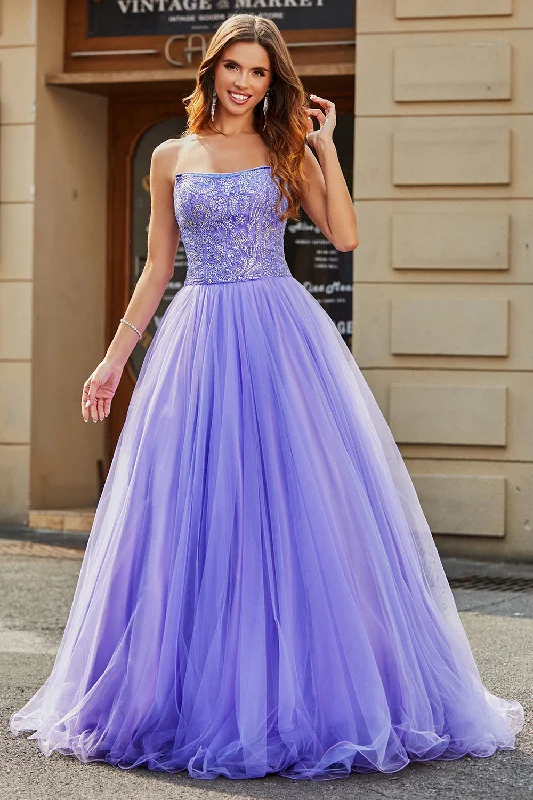 Stunning A Line Strapless Lilac Long Prom Dress with Beading