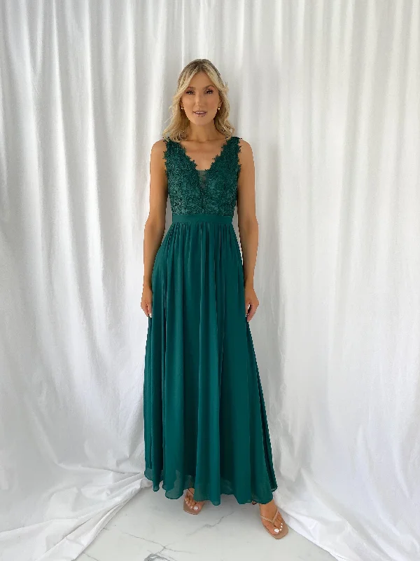 Telma Broderie Top Pleated Maxi Dress - Green