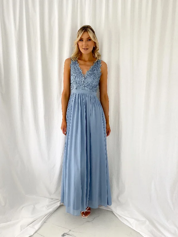 Telma Broderie Top Pleated Maxi Dress - Light Blue