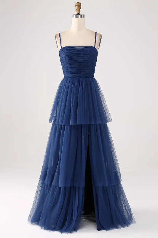 A Line Spaghetti Straps Tiered Tulle Pleated Prom Dress with Slit