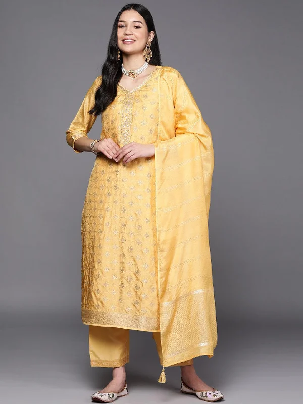 Yellow Embroidered Silk Blend Suit Set With Trousers