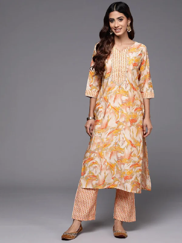 Yellow Printed Silk Blend Straight Kurta Set