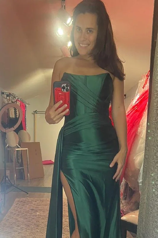 Dark Green Corset Sheath Long Prom Dress with Slit