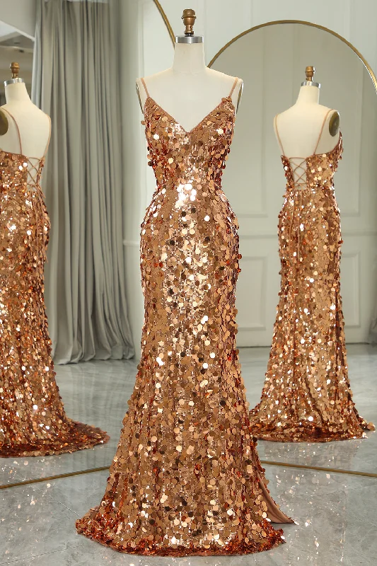 Glitter Golden Beaded Sequins Mermaid Long Prom Dress With Slit