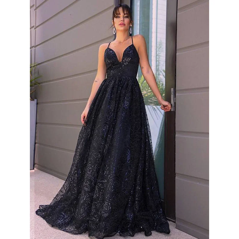 Gorgeous Black Sling V-Neck Open Back Sequin Lace Embroidered Evening Gown Party Dress