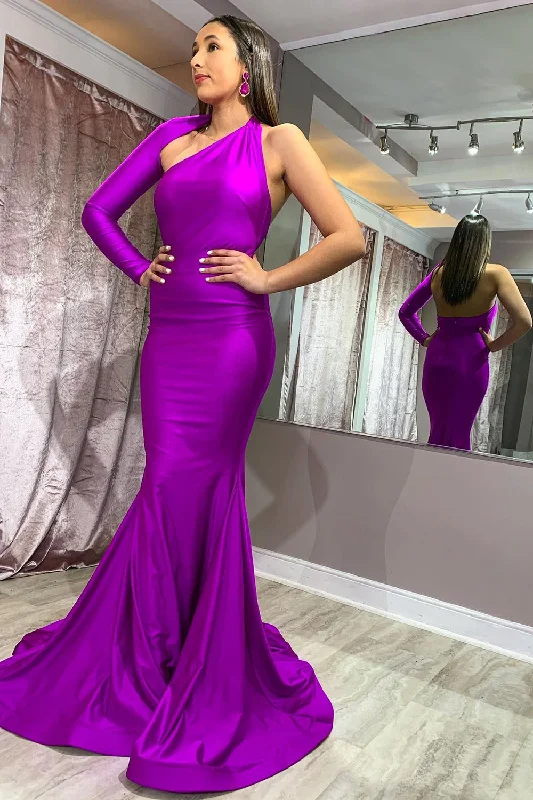 Grape Mermaid One Shoulder One Sleeve Long Prom Dress