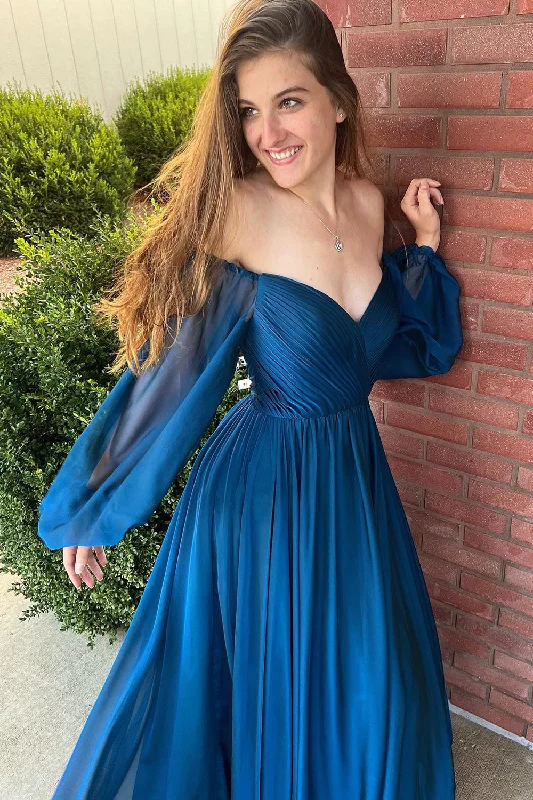 Navy Off Shoulder Long Sleeves Prom Dress with Ruffles