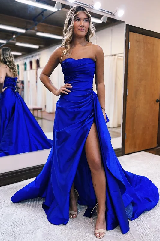 Royal Blue Sheath Strapless Long Prom Dress with Slit