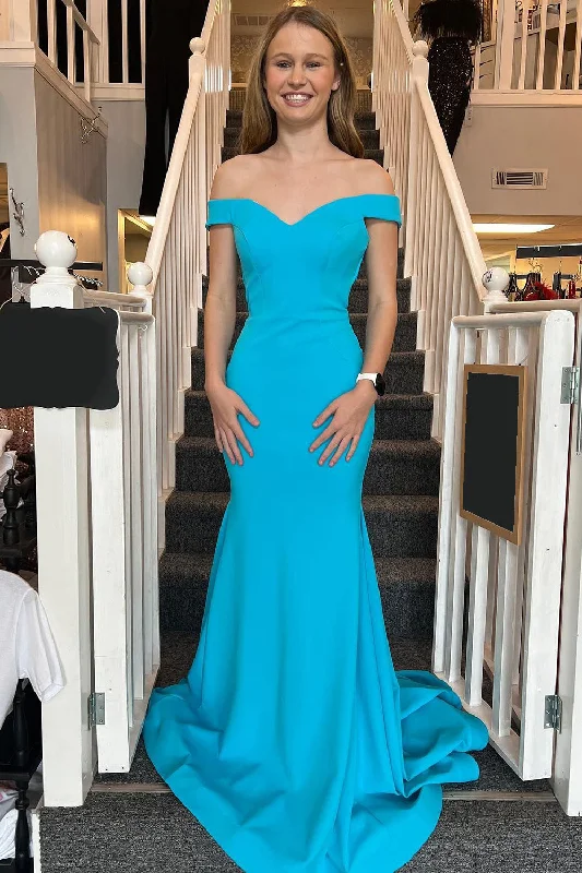 Simple Blue Mermaid Off the Shoulder Open Back Long Prom Dress