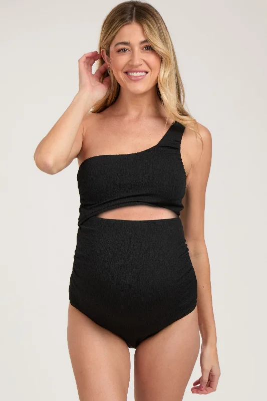 Black Asymmetrical One Shoulder Side Cutout One-Piece Maternity Swimsuit