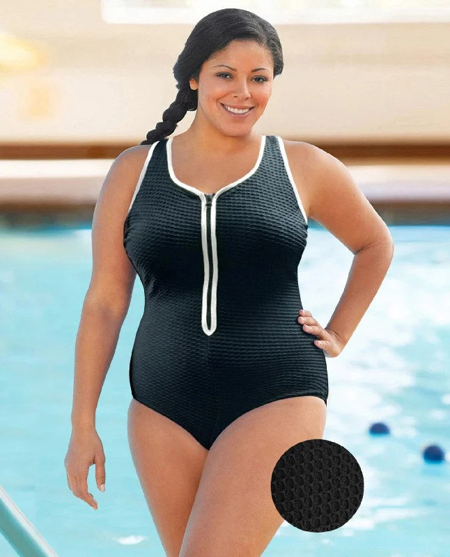 CHLORINE RESISTANT AQUAMORE COLOR BLOCK TEXTURED ZIPPER SWEETHEART NECK PLUS SIZE SWIMSUIT