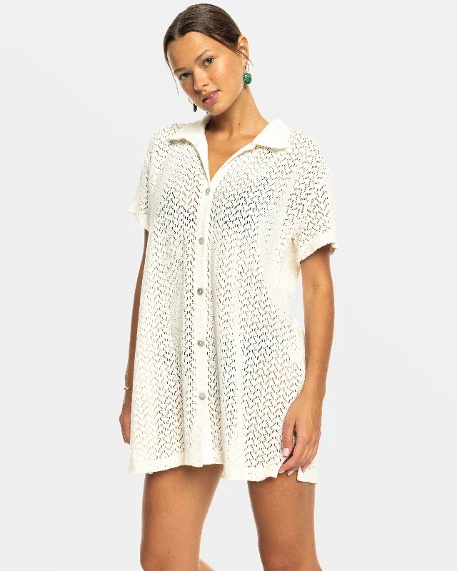 Dalia Beach Crochet Shirt Dress - Egret