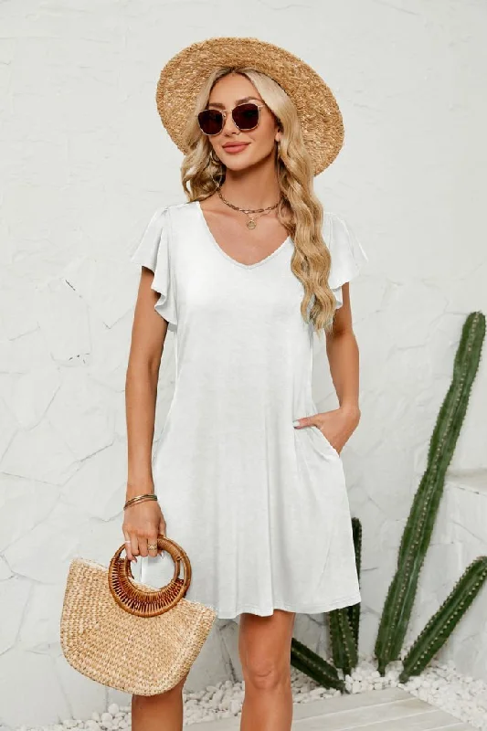 Ruffle Sleeve Shirt Cover Up Beach Mini Dress